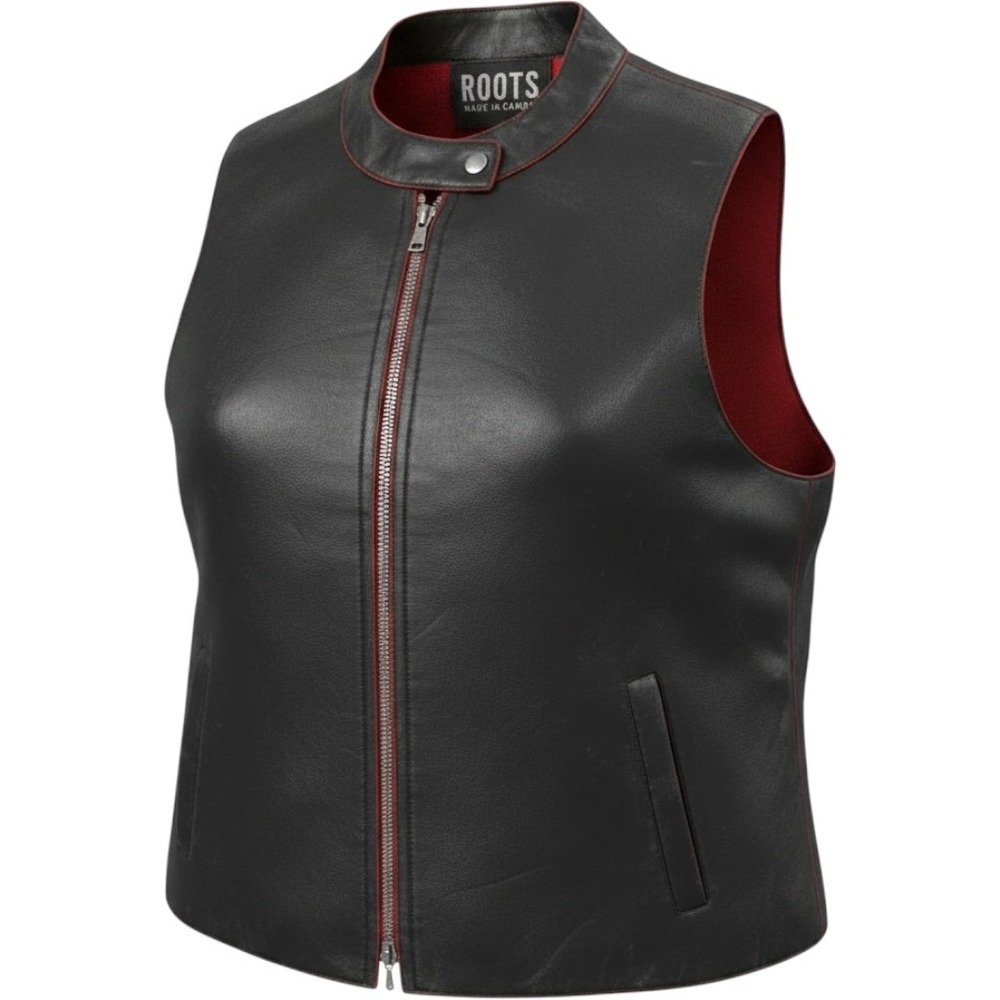 Roots Canada Black Leather Moto‎ Vest Red Fleece Lining